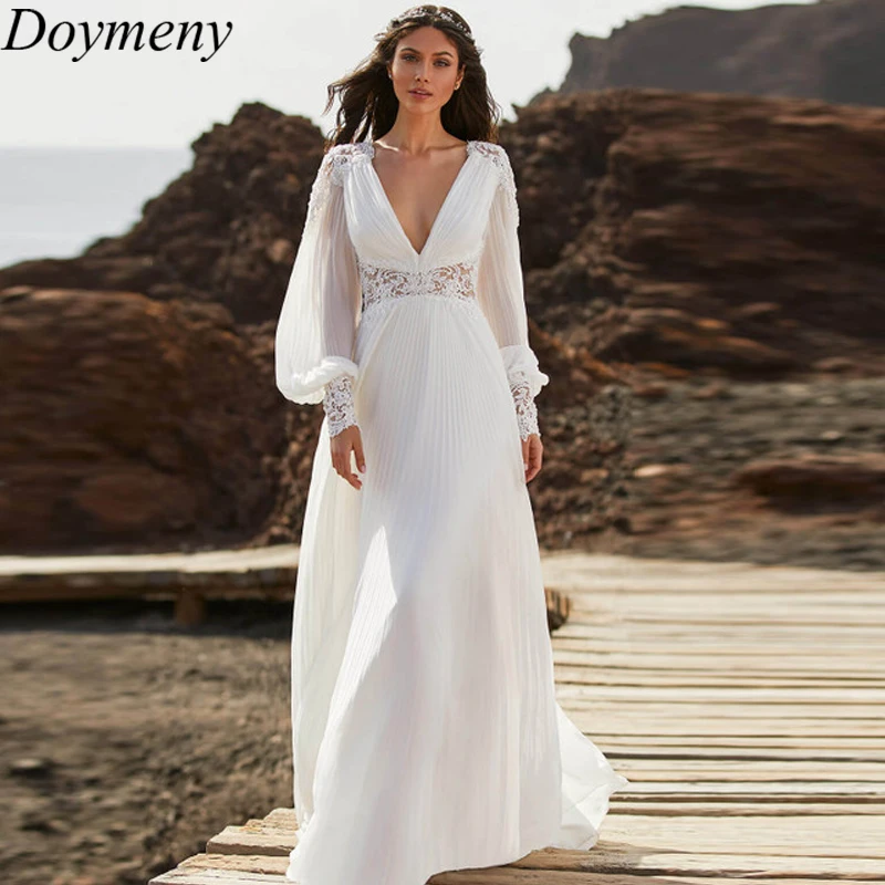 

Doymeny Bridal Wedding Dress V-Neck Sweep Train Button Long Sleeves Appliques Satin Draped Simple Illusion A-Line Robe De Mariée