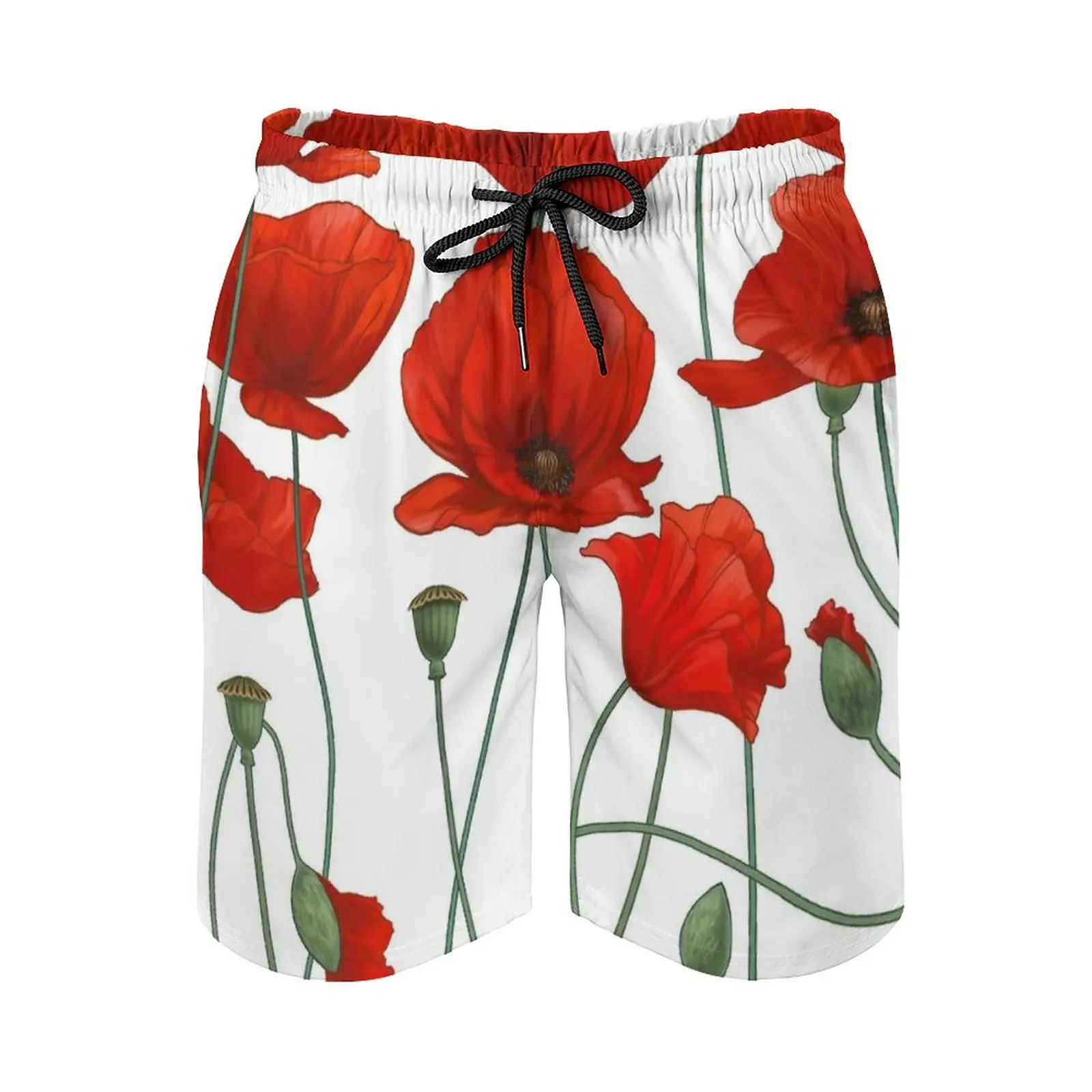 

Poppy Stems. Surfing Beach Shorts Men's Boardshorts Patchwork Surf Swim Short Pants Flowers Poppies Red Spring Flores Fleurs