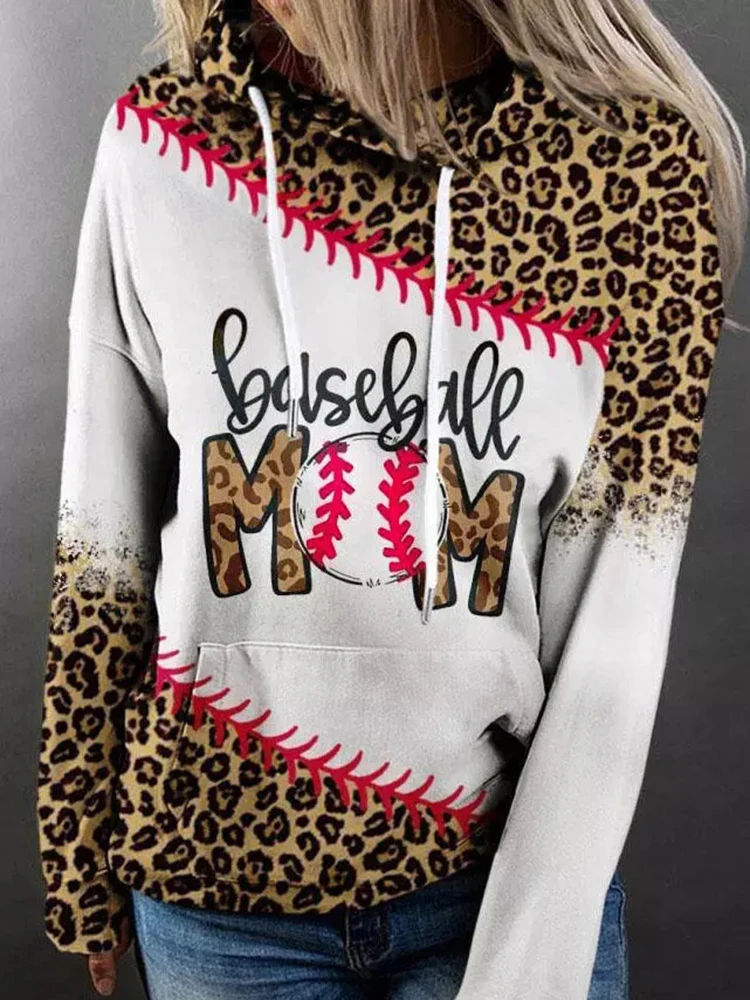 

2022 Spring Autumn Long Sleeve Hoodies Tops Female Drawstring Pullovers Baseball Leopard Splicing Hoodies