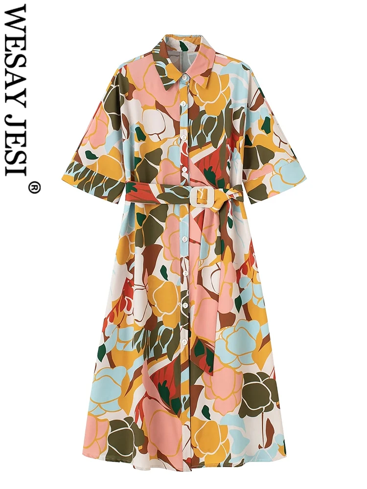 

WESAY JESI Women's Fashion Print Half Sleeve Shirt Dress Lapel Chic Belt Slim Cardigan Button Commuter Office Long Dress Summer