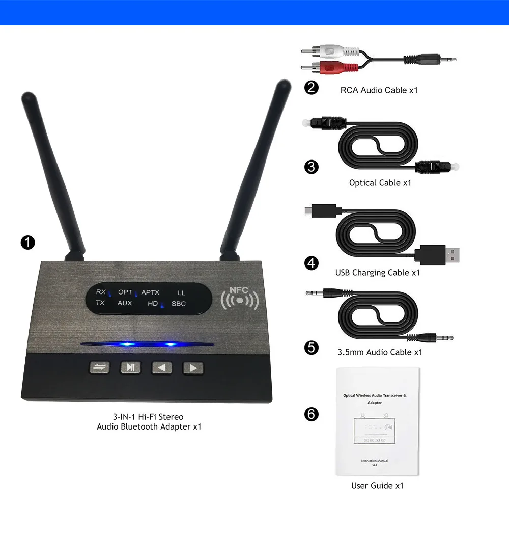 

NFC 80m Bluetooth 5.0 Audio Transmitter Receiver Aptx LL HD Wireless Adapter SPDIF AUX 3.5mm For Car PC TV