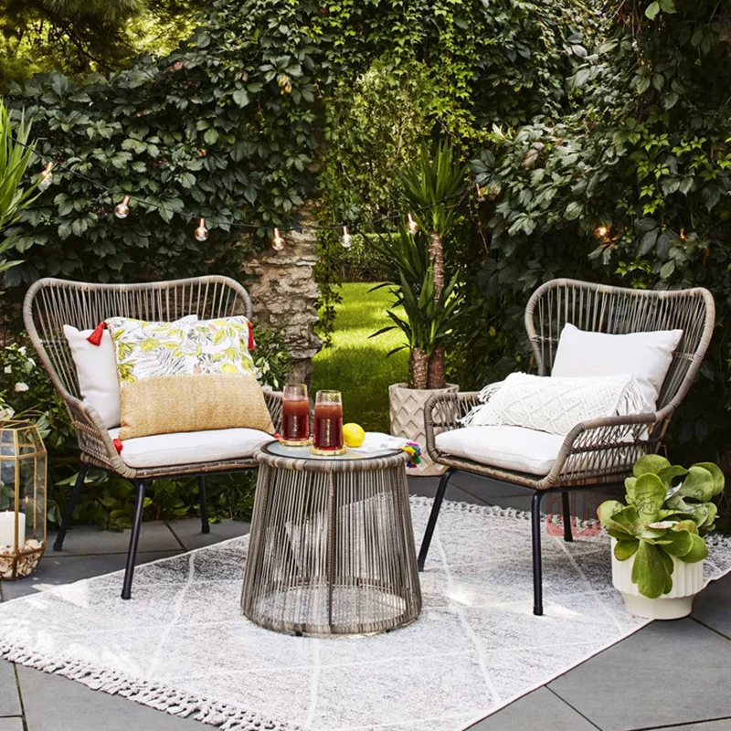 

Outdoor Desk-Chair Rattan Chair Three-Piece Set Modern Simple Leisure Balcony round Table Small Teng Chair Tea Table Armchair