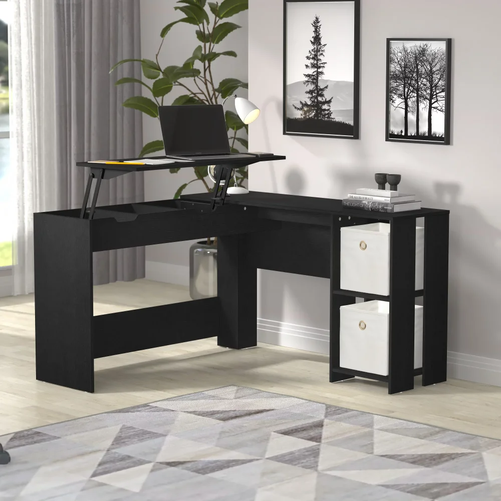 

,Flagstaff Wood L-Shaped Lift Top Desk with Storage, Black Oak, By Hillsdale Living Essentials Office Furniture Computer Desk