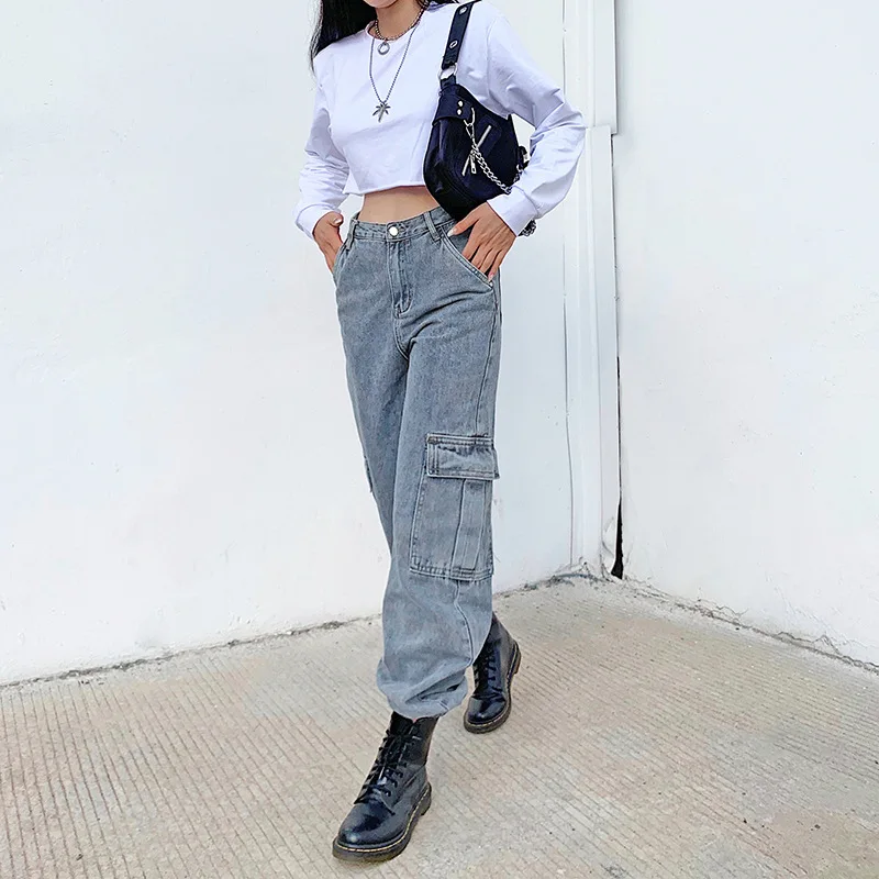 Streetwear Women Loosed Fashion High Waist Zipper with Big Pockets for Hip Hop Vintage Demin All-match Long Jeans Cargo Pants