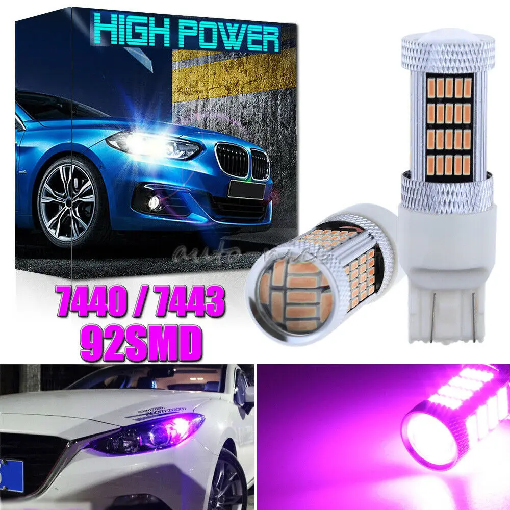 

2X Pink Purple 7443 7440 T20 92-Smd Led Light Bulb For Daytime Running Light Drl