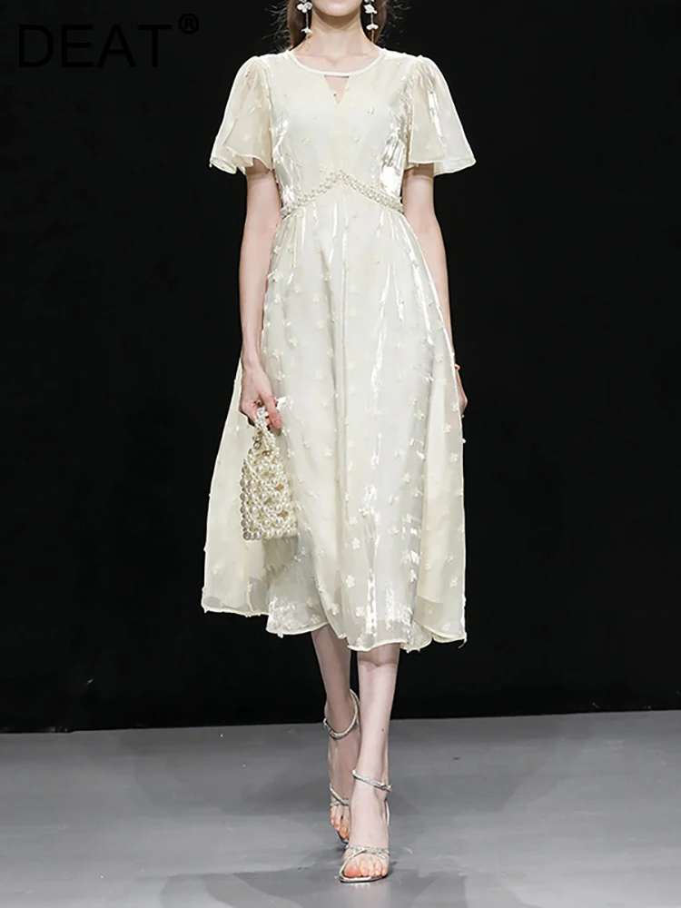 

Женское жаккардовое платье DEAT, шифоновое платье с V-образным вырезом, коротким рукавом и высокой талией, лето 2023