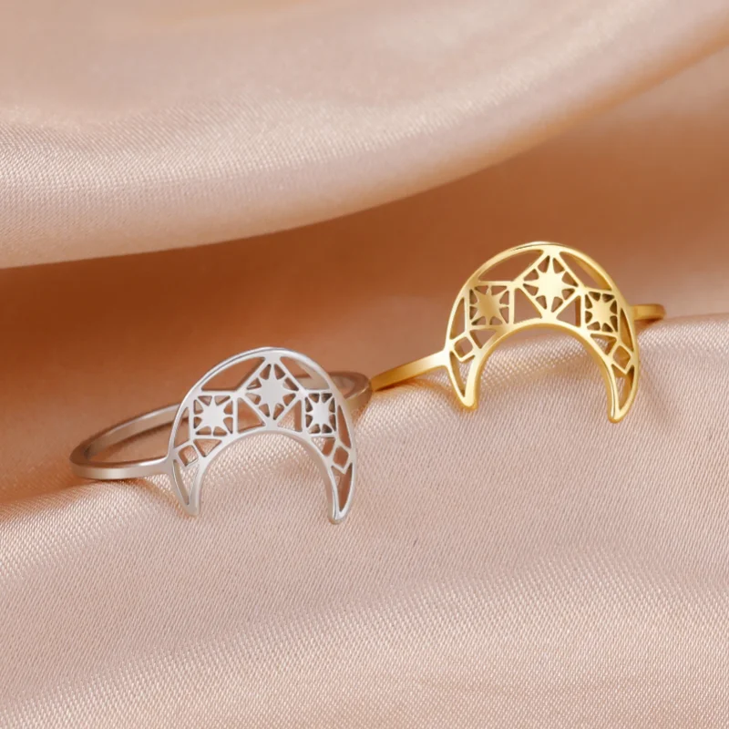 Crescent Moon Lotus Ring Stainless Steel Women's Finger Rings  New In Fashion Wedding Jewelry Gift