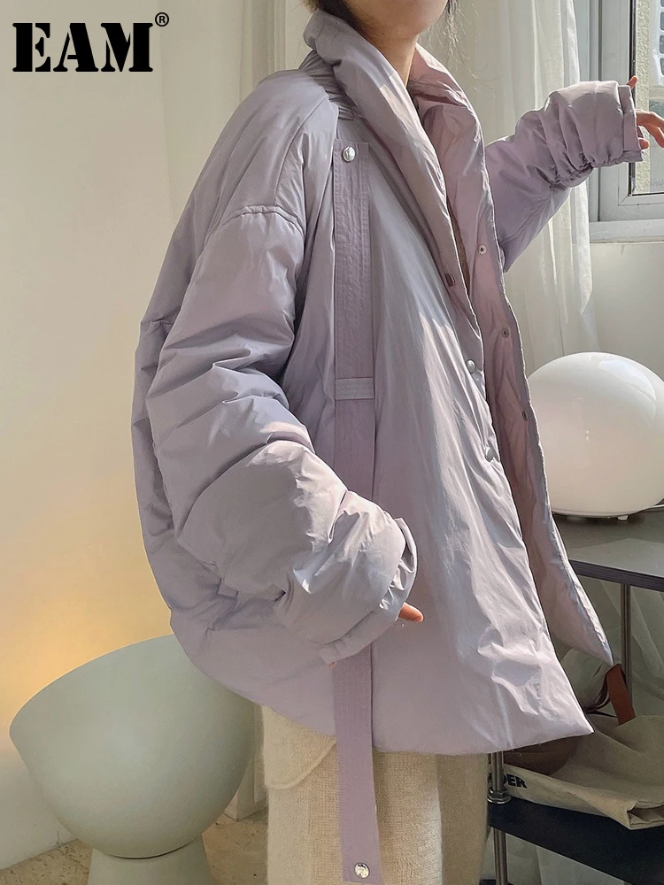 

[EAM] Loose Fit Light Purple Big Size Warm Down Jacket New Long Sleeve Warm Women Parkas Fashion Autumn Winter 2022 1DF2207