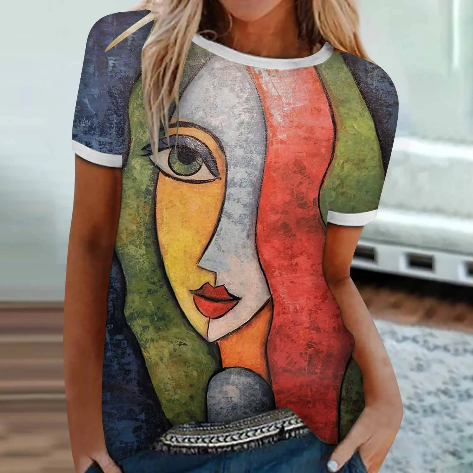 

New Fashion Large Size T Shirt Women Loose Short Sleeve Shirt O Neck Vintage Face Print Tshirts Ladies Plus Size Tops Casual Tee