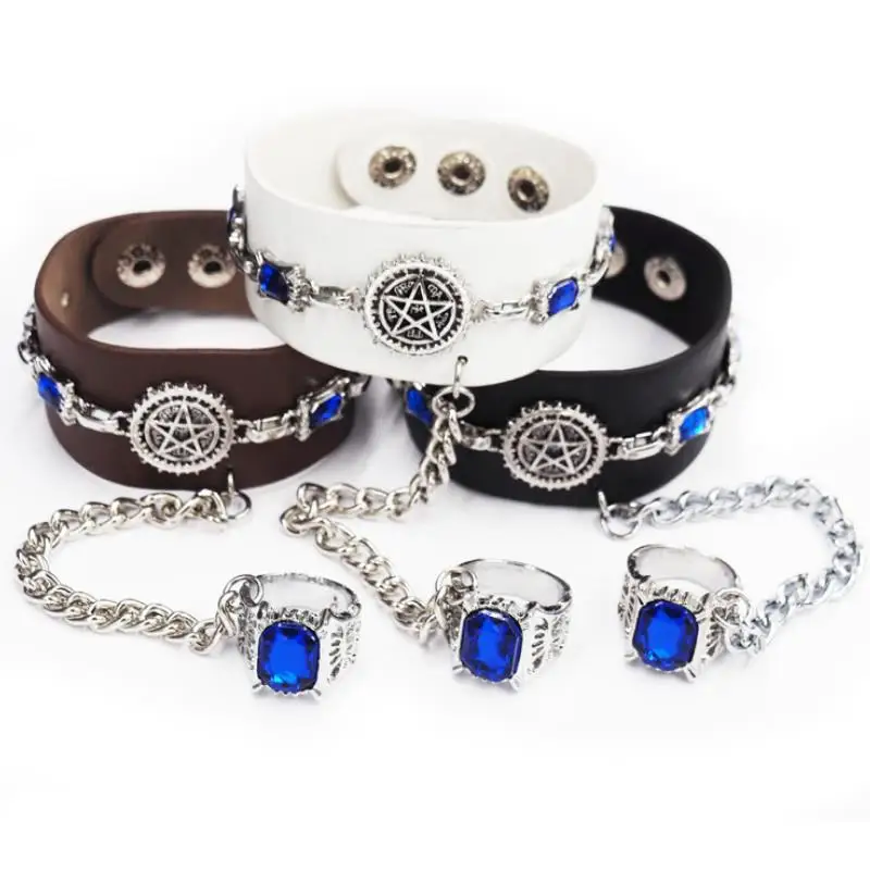 

1 Pc Cartoon Black Butler Leather Wrap Chain Bracelet with Blue Gem Ring Anime Kuroshitsuji Cosplay Bangle Figure Toys Gift
