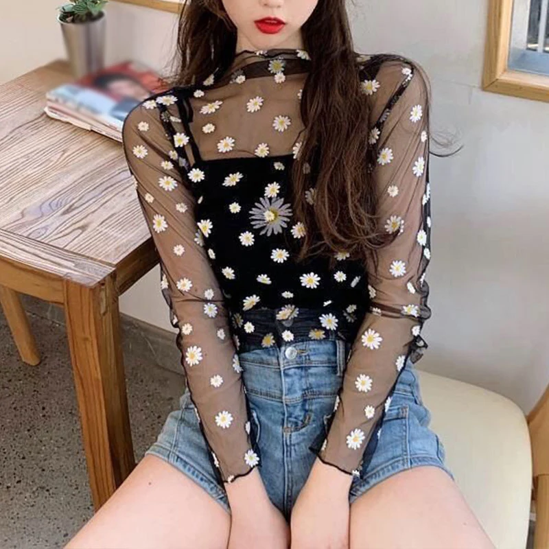 

Summer Daisy Flower Print Mesh T Shirt Women Korean Long Sleeve Fishnet T Shirt Tops Fashion Sunscreen Tee
