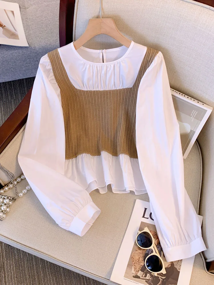 Fake Two Pieces Patchwork Shirt Sleeve Crop Top Women Elegant O-Neck Casual Shirts Autumn Winter Sweet Cute Cozy Chiffon Blouses
