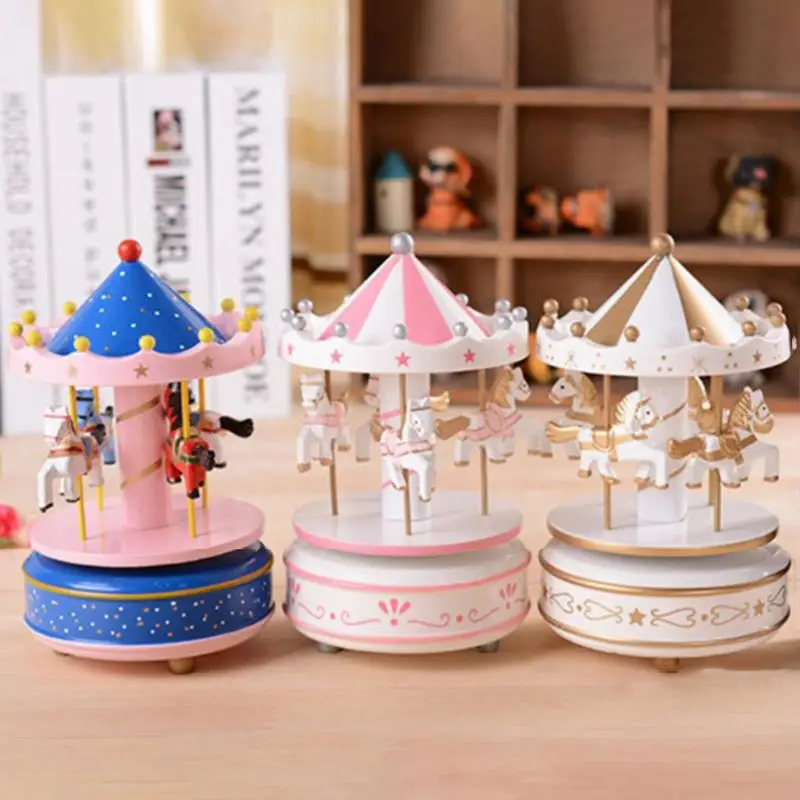 Vintage Chirstmas 2023 New Year Retro Birthday Gift Wooden Music Box Rotating Horse Musical Boxes
