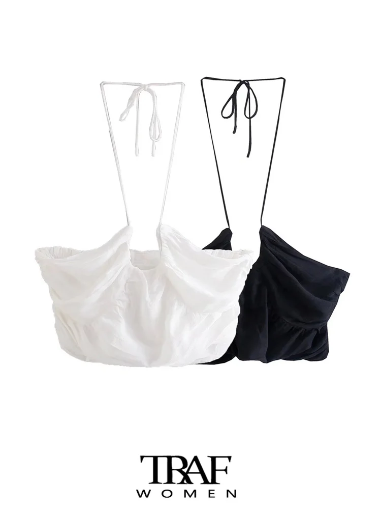 

Топ женский плиссированный укороченный с открытой спиной и тонкими бретелями