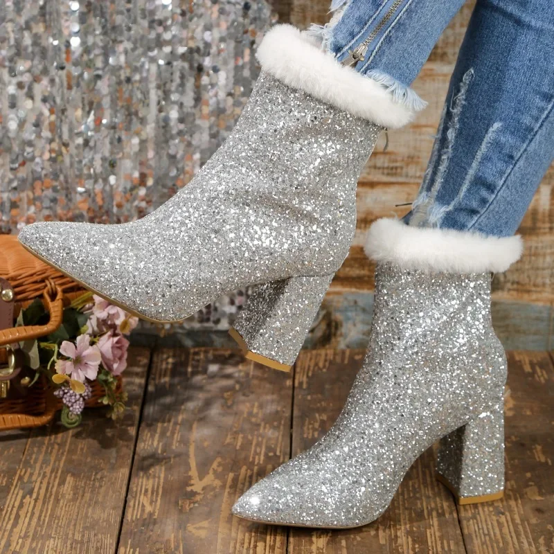 

High Heels Winter New Women's Gold Silver Sequins High Quality Elegant Thick Heel High Heels Plus Velvet Thickened Party Boots