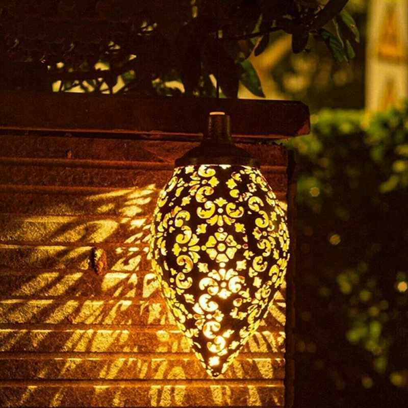 Solar Powered LED Moroccan Hanging Lantern Retro Moroccan Pattern Projection Lamp Outdoor Garden Decor Fairy Light Kit