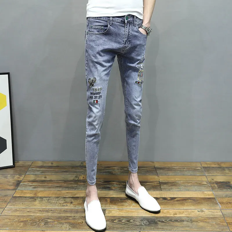 

Spring Summer New Men's Korean Slim Light-colored Embroidery Ripped Jeans Men's Elastic Casual Feet Pants Long Pencil Pants