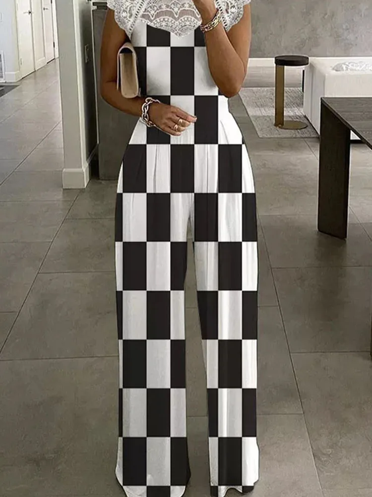 

Retro Checkerboard Print Party Jumpsuit Office Elegant O Neck Embroidery Lace Patchwork Playsuit Women Casual Sleeveless Romper