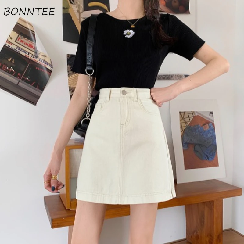 

Denim Skirts Women Pockets Design A-line Fashion All-match Ulzzang Ladies Simple Daily Casual Streetwear Comfortable High Waist