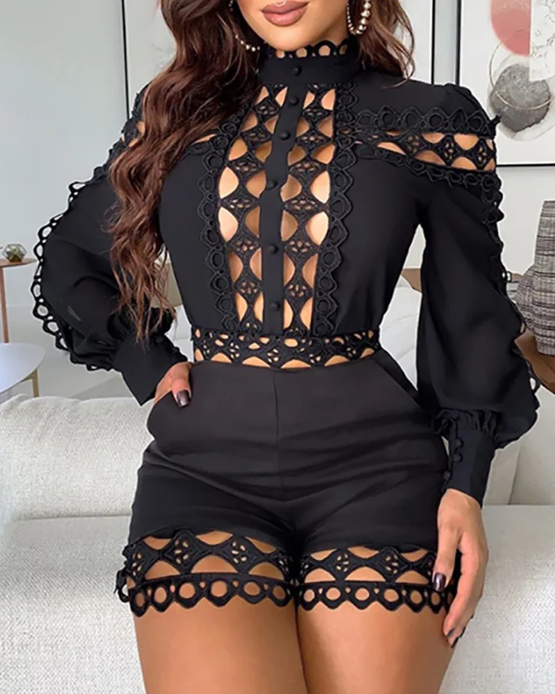 

Cutout Guipure Lace Patch Lantern Sleeve Romper Women Spring Summer Hollow Out High Waist Shorts Pants Playsuits Bodysuit