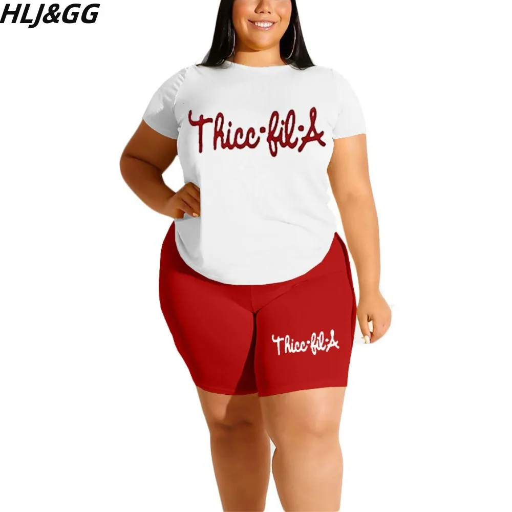 HLJ&GG Plus Size Women Clothing 2XL-6XL Casual Printing Round Neck Tshirt And Biker Shorts Two Piece Sets Summer Sporty Outfits