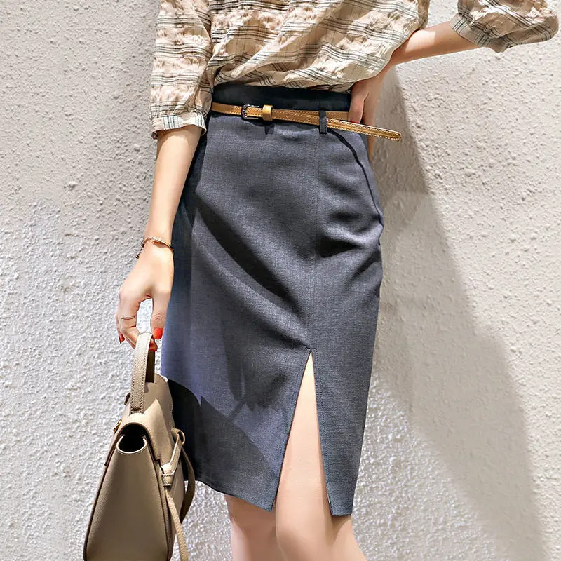 

Vintage Harajuku Woman Y2k High Waist Casual Female Elegant Fashion Formal Solid Belt Grey All Match Office Ladies Korean Skirt