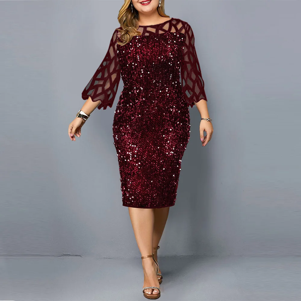 

2022 Sparkle Burgundy Sequin Mother of the Bride Dress Plus Size Jewel 3/4 Sleeve Tea Length Groom Party Gowns Robe De Soiree