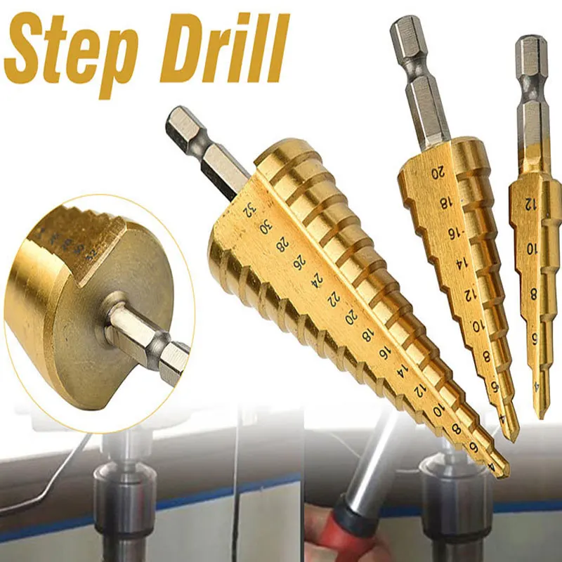 

3PCS HSS Titanium Coated Step Drill Bit Drilling Power Tools Metal High Speed Steel Wood Hole Cutter Cone Drill Bit