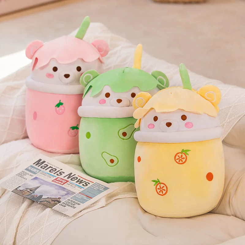 

25cm Anime Bear Milk Teacup Plushie Toy Stuffed PP Cotton Pillow Doll Fruit Strawberry Avocado Toy Baby Bedroom Decorate Gifts