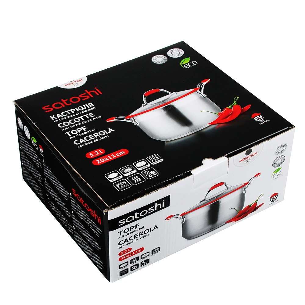 Saucepan SATOSHI Venray 20x11 cm 3.2 l with g lass lid induction stain less stee Utensi ls for kitchen Home app liances Tab leware supplies