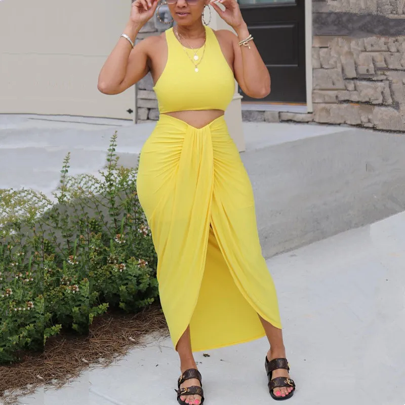 

2022 New Summer Casual Clothing Women Crop Top Long Skirts Two Piece Set Sexy Party Club Wear Split Skirts Sets