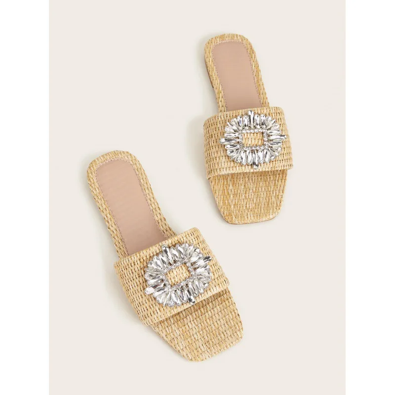 Summer Glitter Rhinestone Women Slippers Bright Diamond Flat Bottom Cane Crystal Sandals Comfortable Slides Shoes Beach Slippers
