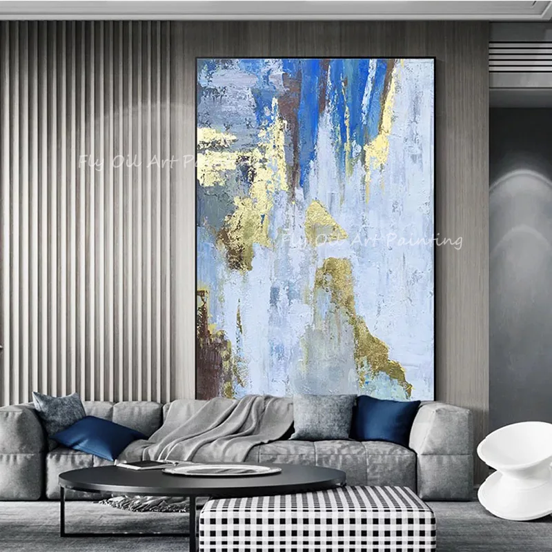 

Gold foil grey blue canvas modern simple pure picture 100% Handmade Oil Painting As A Gift For Home Kitchen Decoration