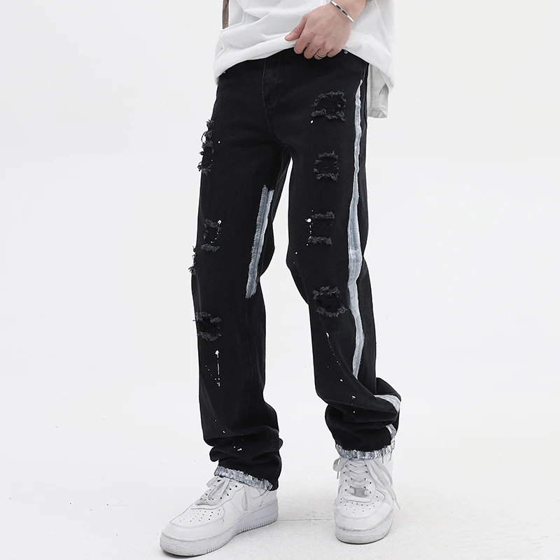High Street Ripped Hole Patchwork Jeans for Men Straight Pockets Retro Vibe Style Loose Denim Trousers Oversized Hip Hop Pants