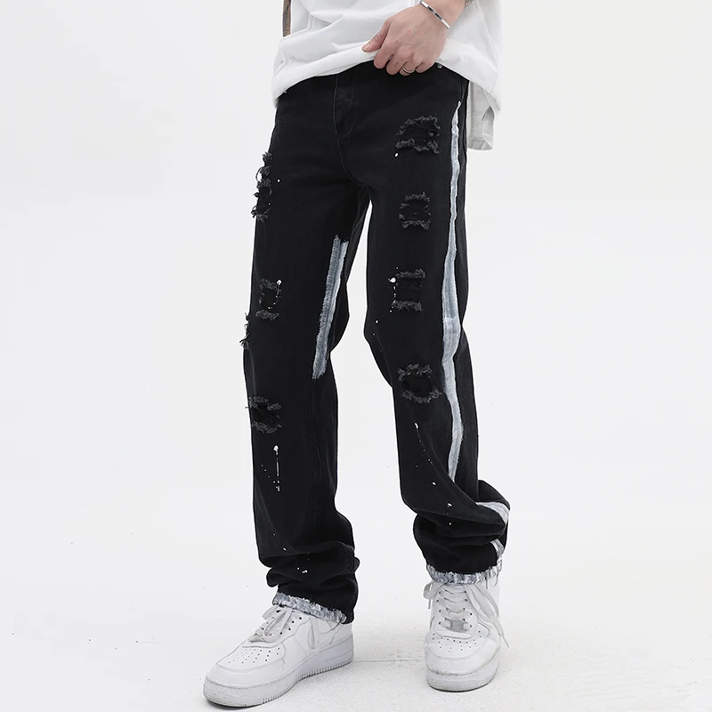 

High Street Ripped Hole Patchwork Jeans for Men Straight Pockets Retro Vibe Style Loose Denim Trousers Oversized Hip Hop Pants