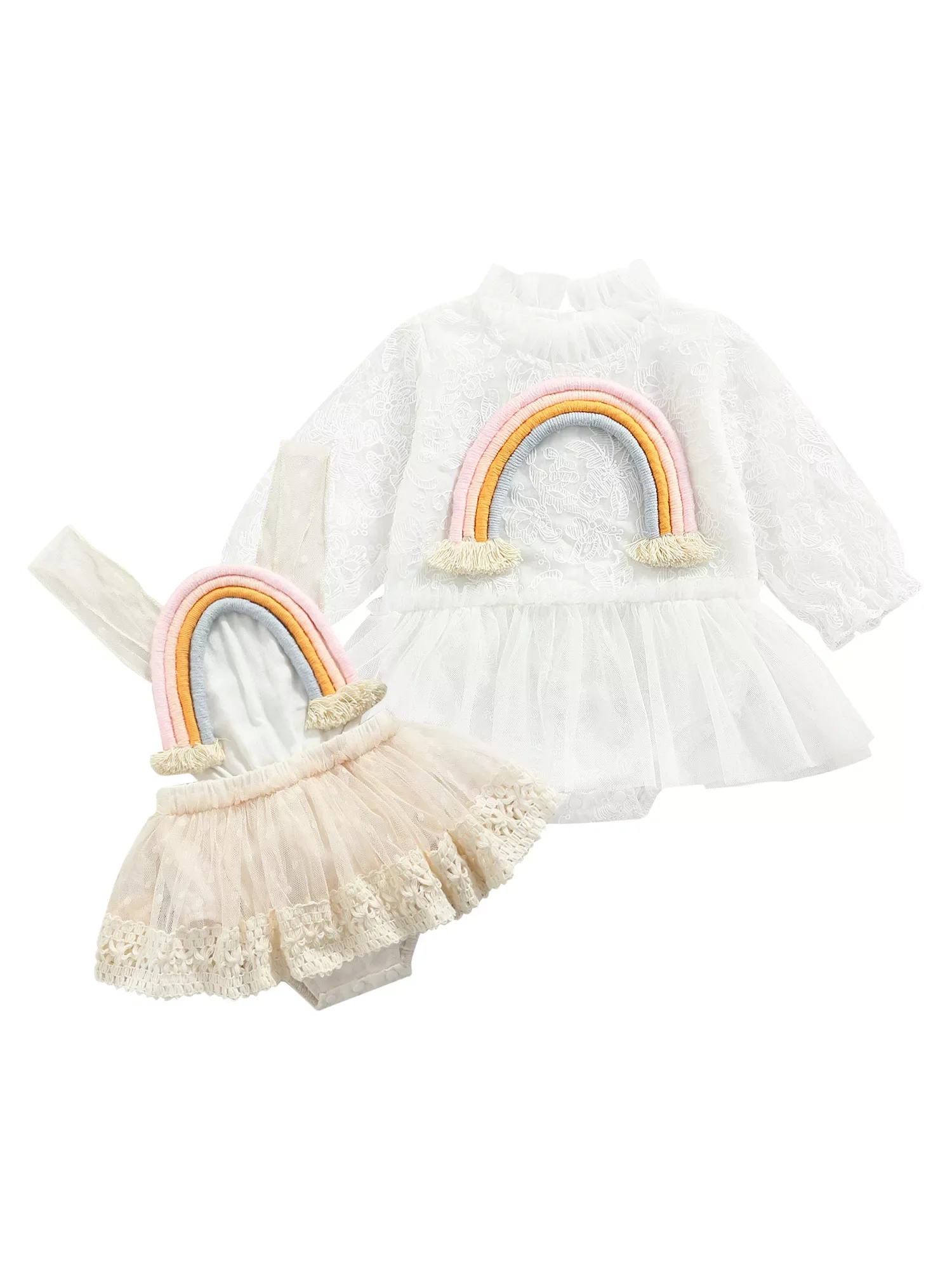 

Infant Baby Girls Casual Romper, White Rainbow Pattern Long Sleeve/ Sleeveless Jumpsuits with Skirt Hem, 0-24 Months
