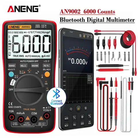 Цифровой мультиметр ANENG AN9002, Bluetooth, 6000 отсчетов, True RMS, профессиональный мультиметр, тестер напряжения переменного/постоянного тока