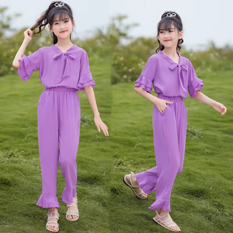 

Kids Summer Clothes Solid Color Suit For Girls Tshirt + Pants Outfit For Girls Casual Style Tracksuits For Children