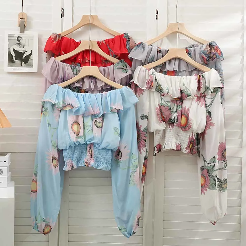 

Женская шифоновая блузка на одно плечо, с длинным рукавом и высокой талией