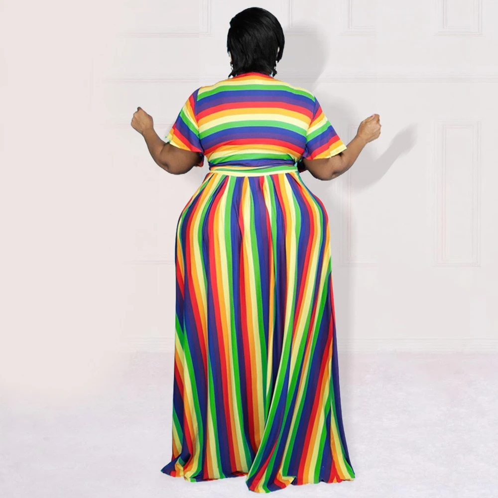 Plus Size 2 Pieces Skirts Sets Striped Printed Tops & Long Skirts High Waisted Floor Length Elegant Evening Party Large Sets New