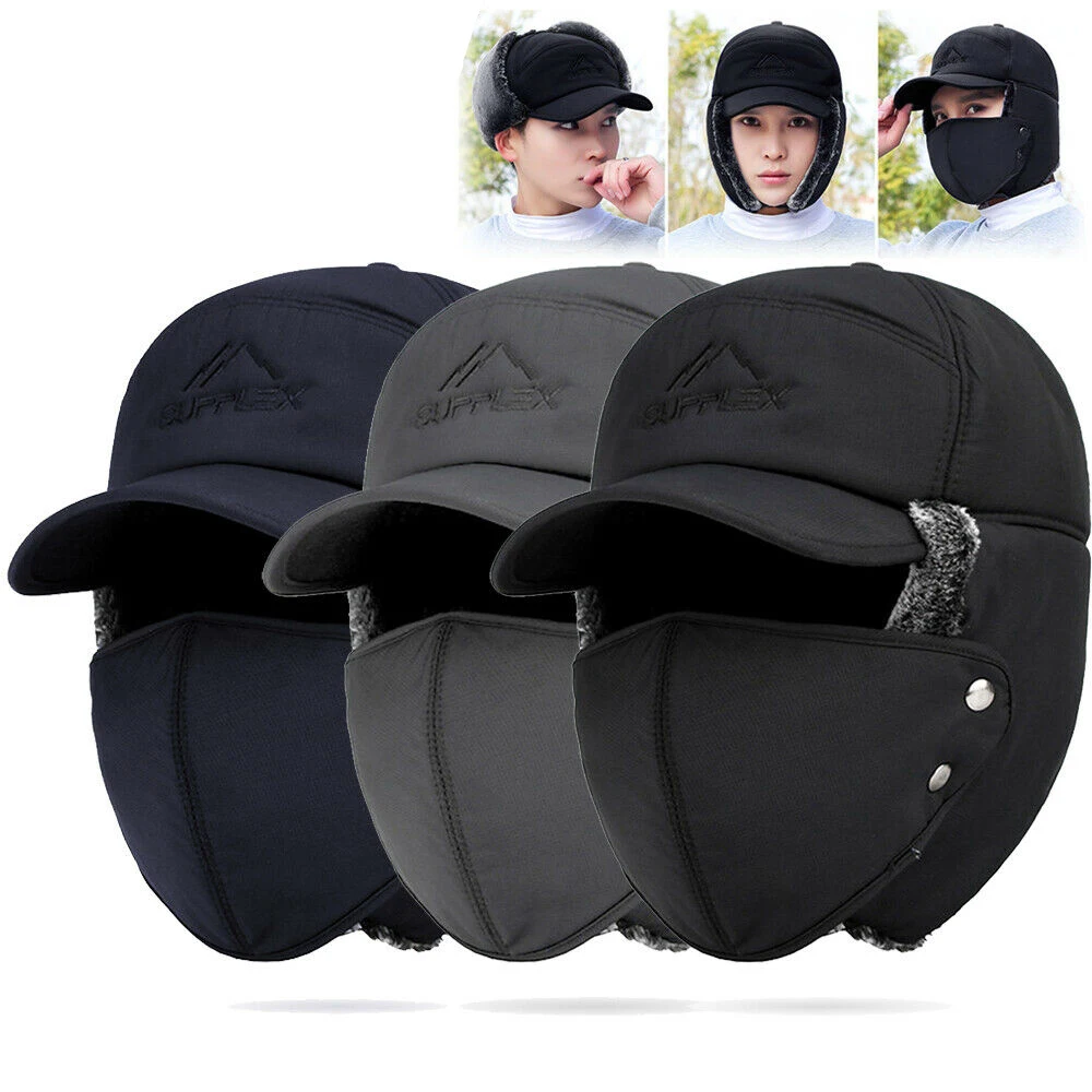 

Men Winter Ear Flap Trapper Hat Face Mask Fur Aviator Bomber Warm Snow Ski Cap