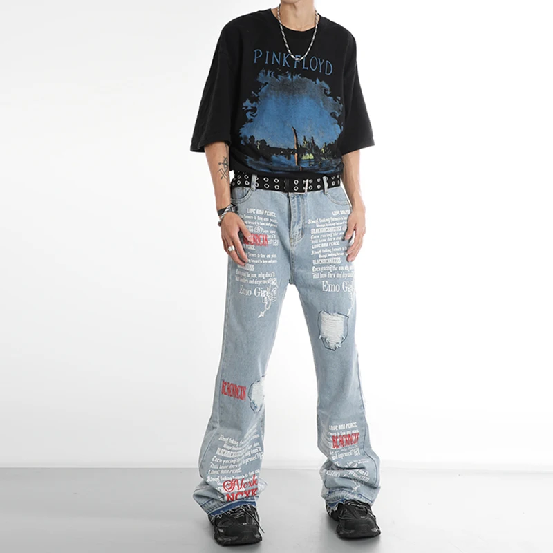 

Urban Streetwear Black Blue Biker Micro-horn Slim Fit Jeans Men's Hip-hop Washed Raw Edge Distressed Ripped Denim Pants
