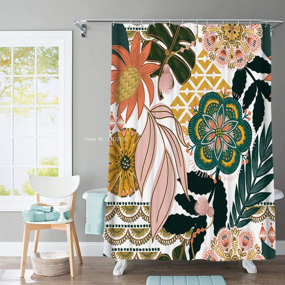 

Cortina de ducha de estilo nórdico con estampado 3D de flores y animales, juego de gancho, paisaje Natural, decoración del hogar