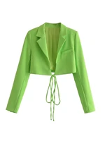 nlzgmsj zbza women 2022 casual crop tops spring notched collar buckle strap detail wrap front slim green blazer jacket coat