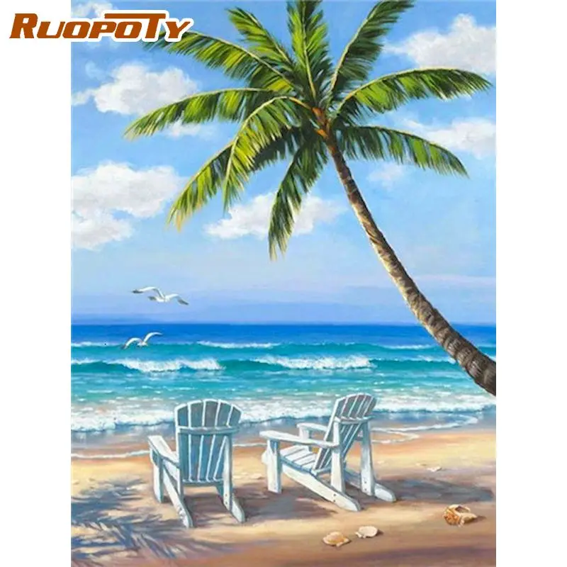 

RUOPOTY Diamond Embroidery Seaside Tree 5D Diamond Painting Landscape Rhinestone Picture Full Square Round Cross Stitch Wall Art
