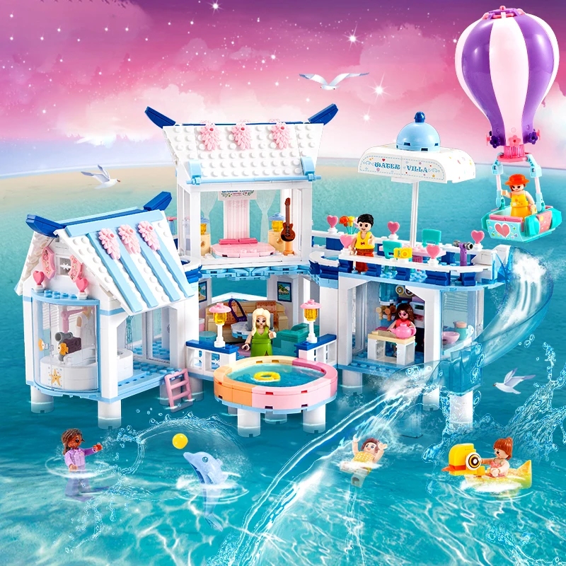 

Sluban Building Blocks Friends Series Romantic Sea View Villa Diy Pool Party Model Bricks Dolls Toys for Girls Holiday Gifts