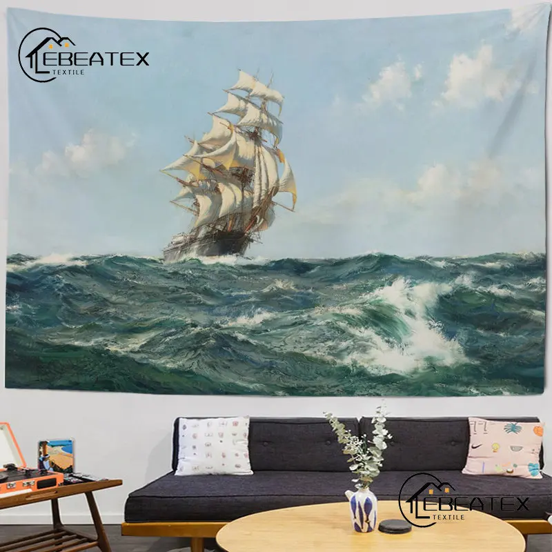 

Nautical Waves Ocean Theme Tapestry Wall Hanging Home Bedroom Room Decor Aesthetic Background Tapestries Adventurer Cabin Deco