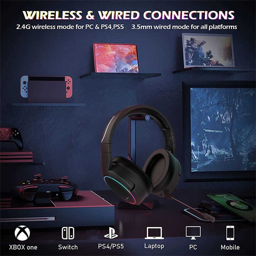 2 4g wireless gaming headset 3 5mm wired sport headset over ear headset with mic 7 1 surround for ps5 ps4 pc laptop free global shipping
