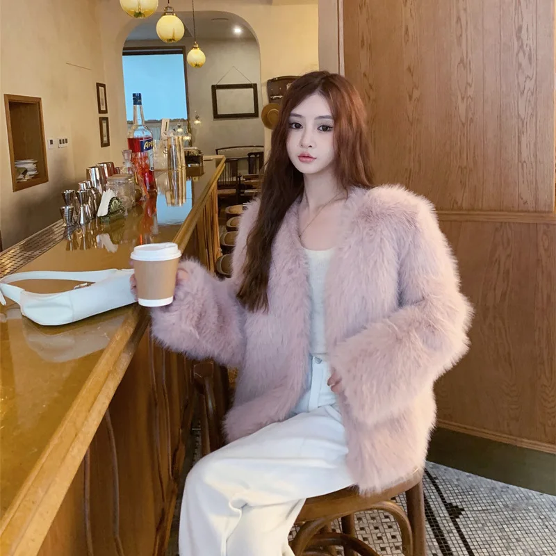 

Зимнее пальто Wom, куртка из искусственного меха, пушистое однотонное плотное теплое меховое пальто, зимняя Модная элегантная плюшевая меховая верхняя одежда с круглым вырезом