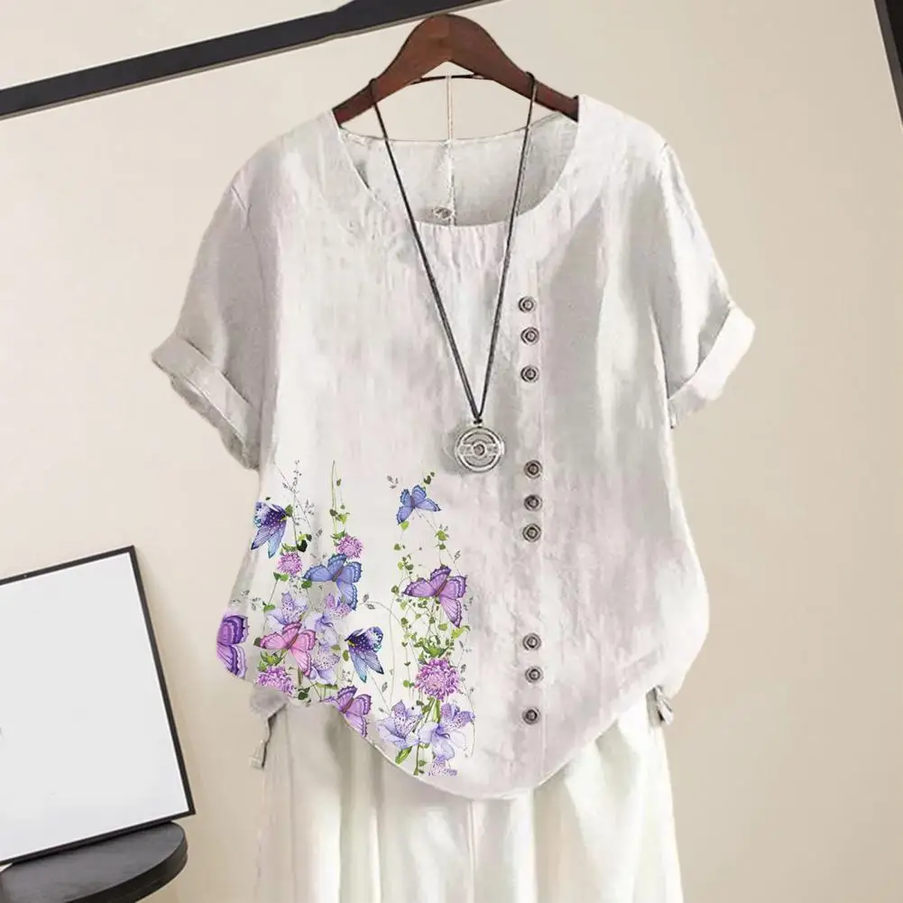 

Женский топ с цветочным принтом бабочки, декоративная женская рубашка с пуговицами, Женский Топ с коротким рукавом, свободная Летняя женская блузка с круглым вырезом